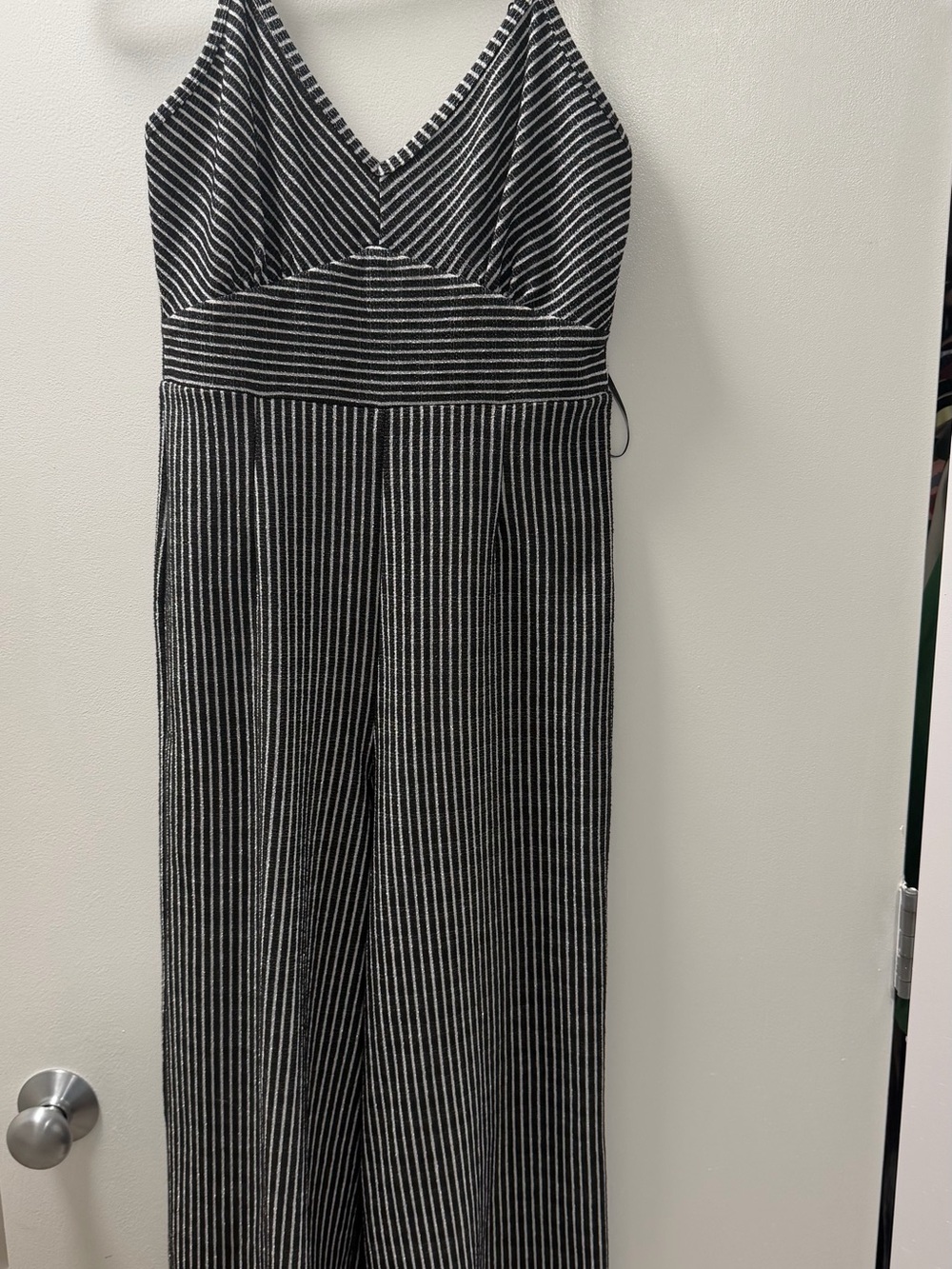 Black and White Pinstriped V-neck Jumpsuit by Angie
